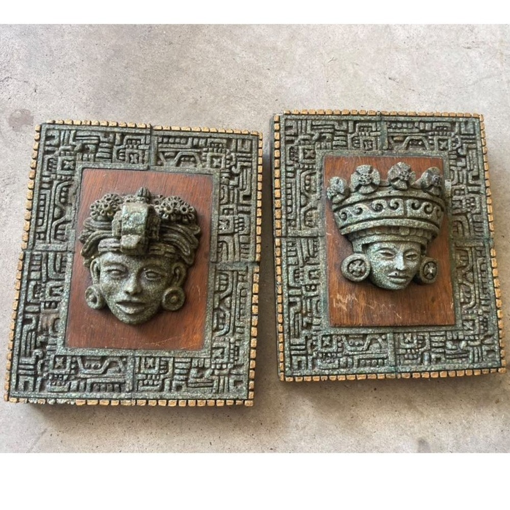 Vintage Zarebski Mexico Mayan Aztec Malachite Stone Wood Wall Art Plaques Set 2